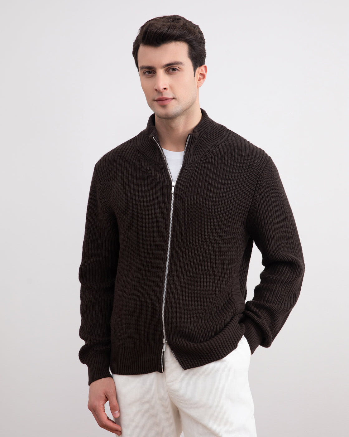Cardigan brun foncé nervuré à fermeture éclair