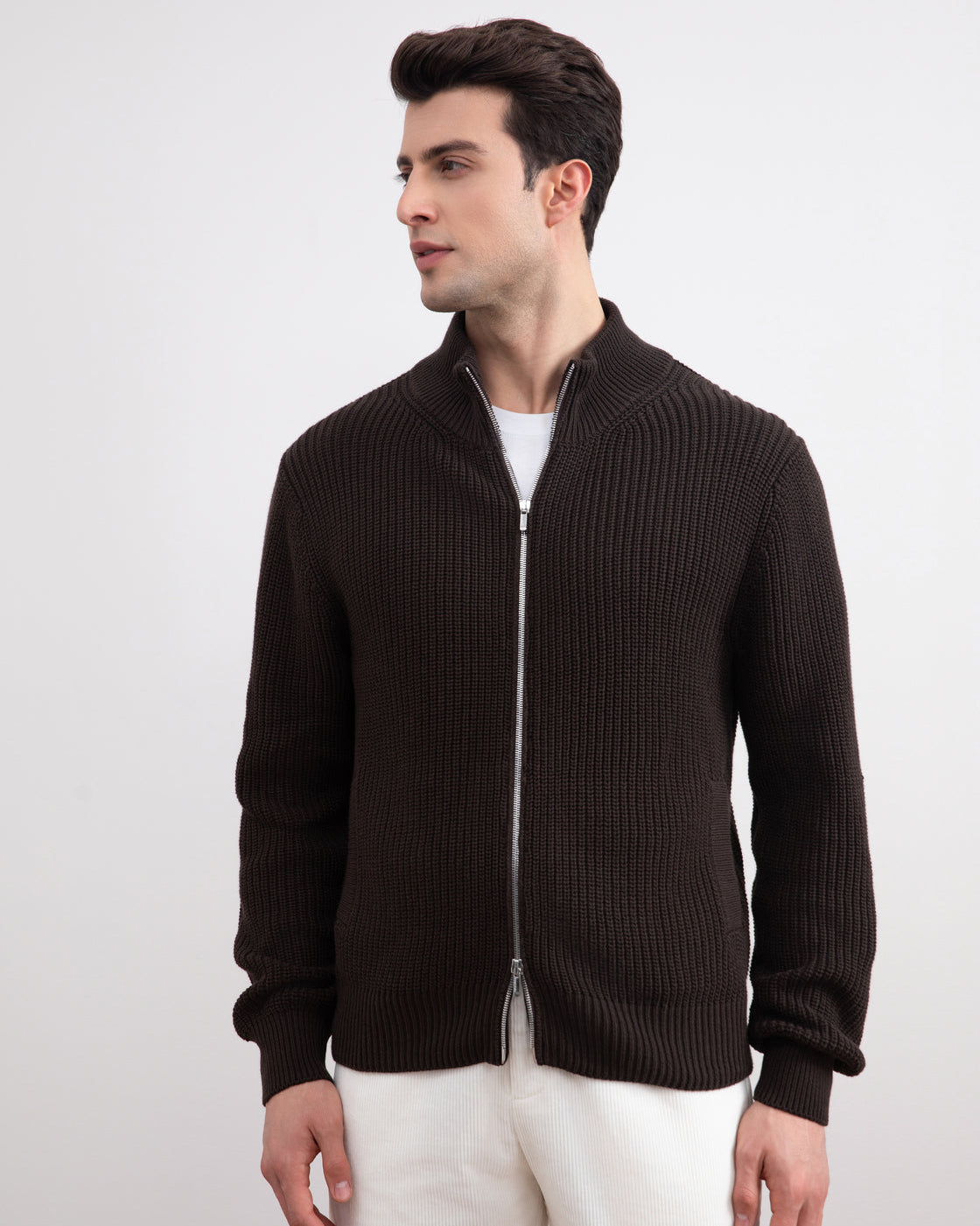 Cardigan brun foncé nervuré à fermeture éclair