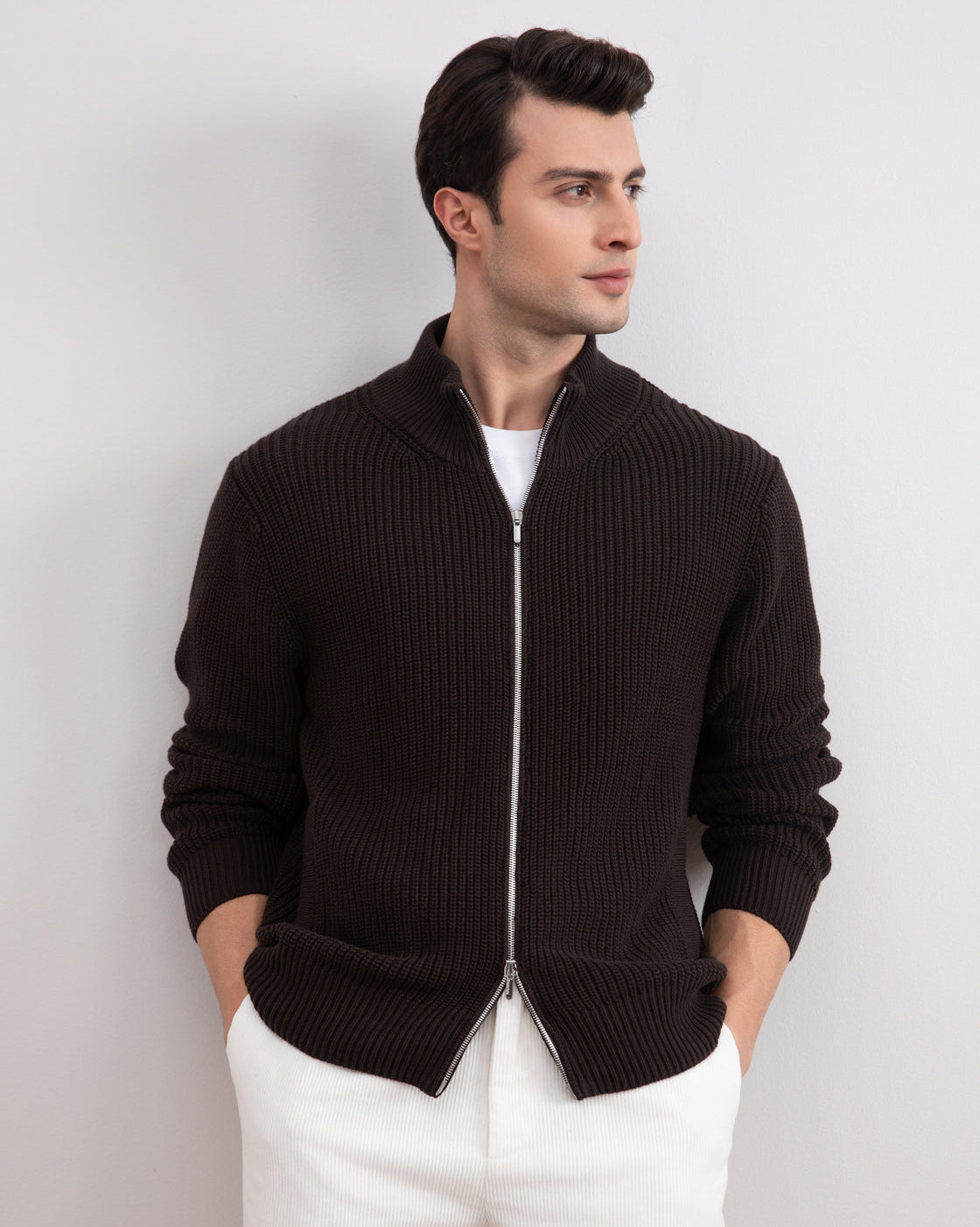 Cardigan brun foncé nervuré à fermeture éclair