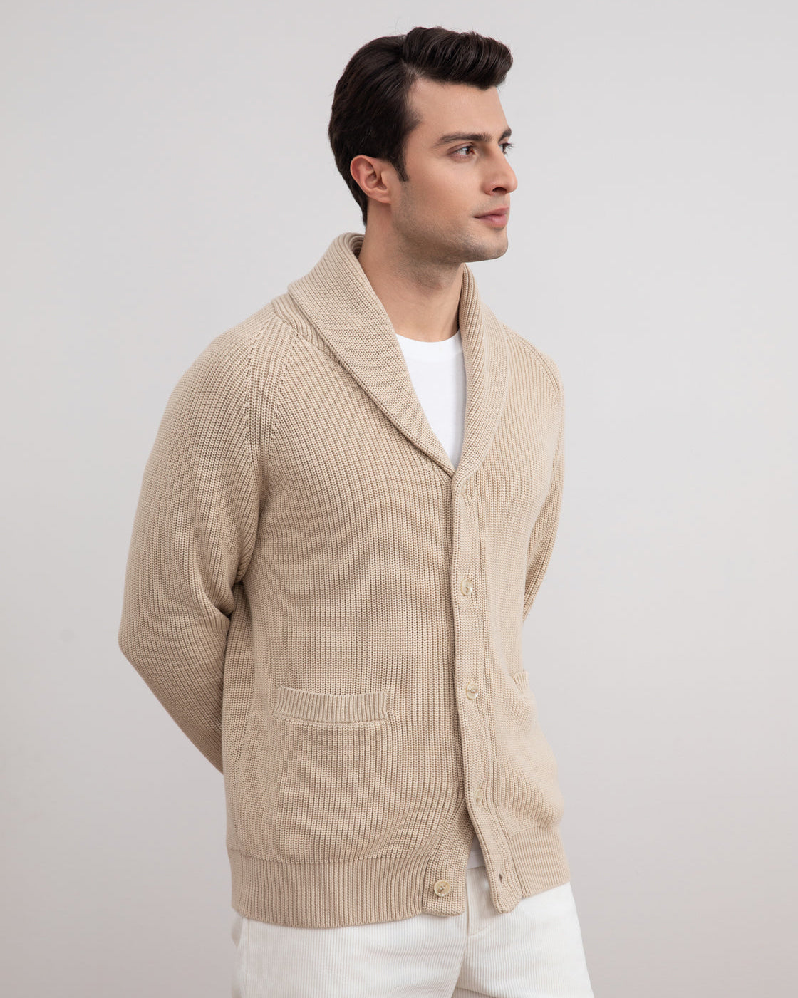 Cardigan côtelé beige à col châle