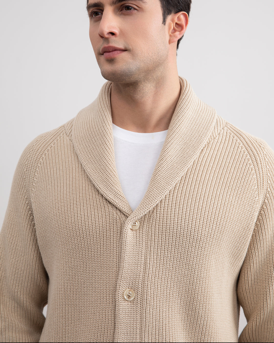 Cardigan côtelé beige à col châle
