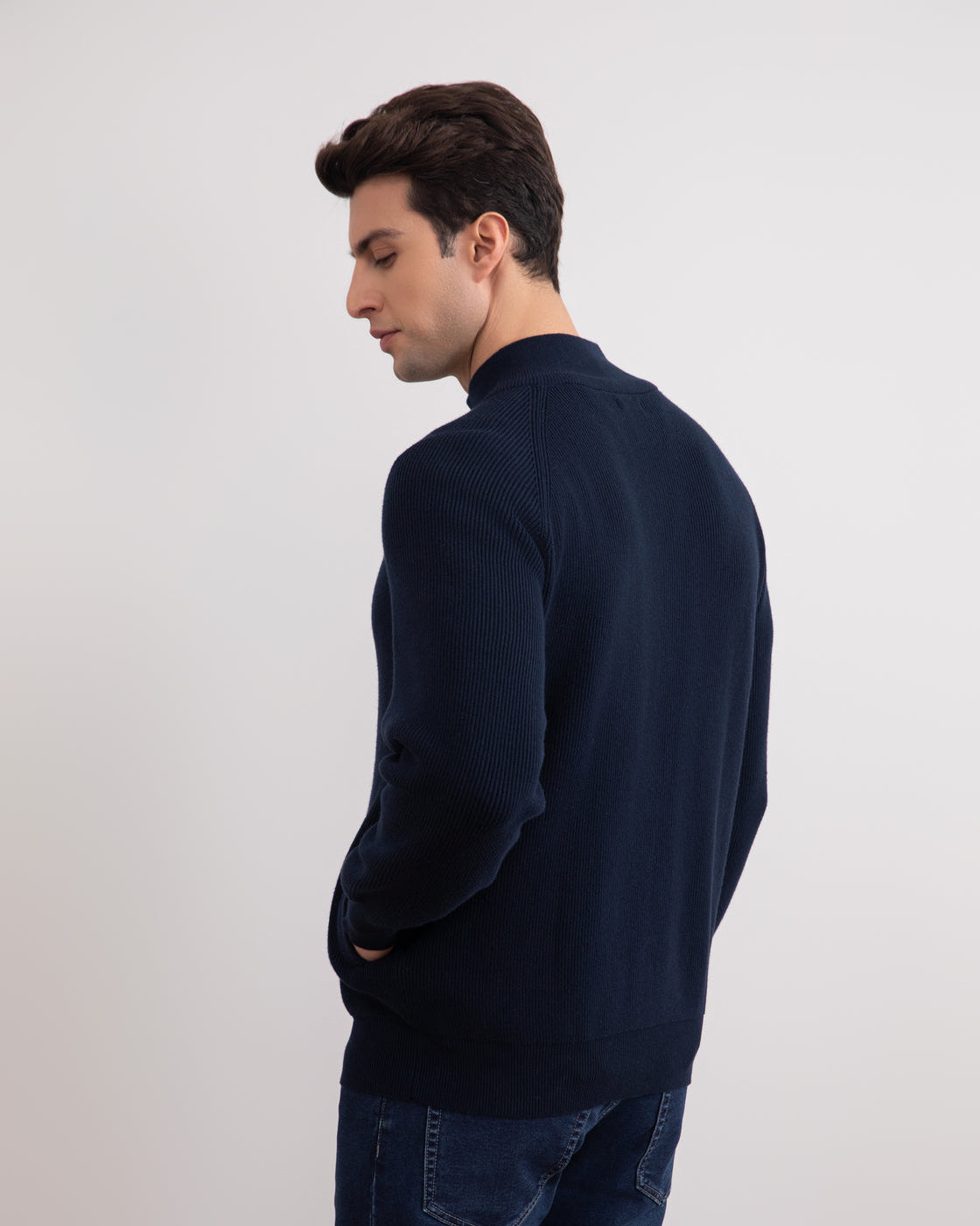 Cardigan bleu marine à côte anglaise pleine fermeture éclair