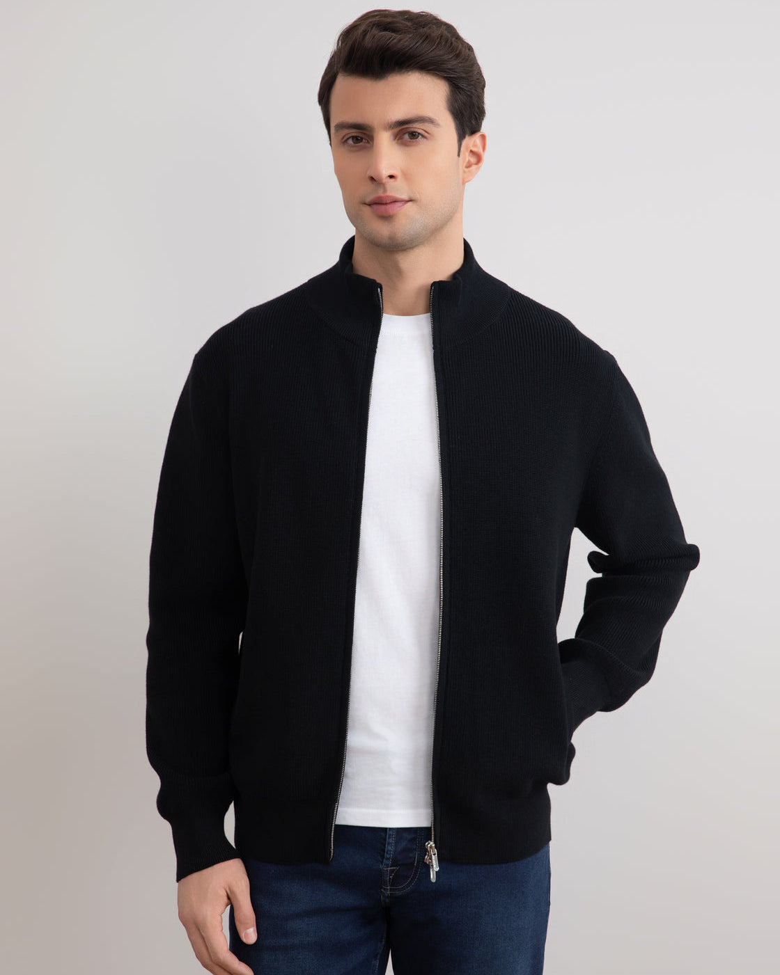 Cardigan noir à côte anglaise pleine fermeture
