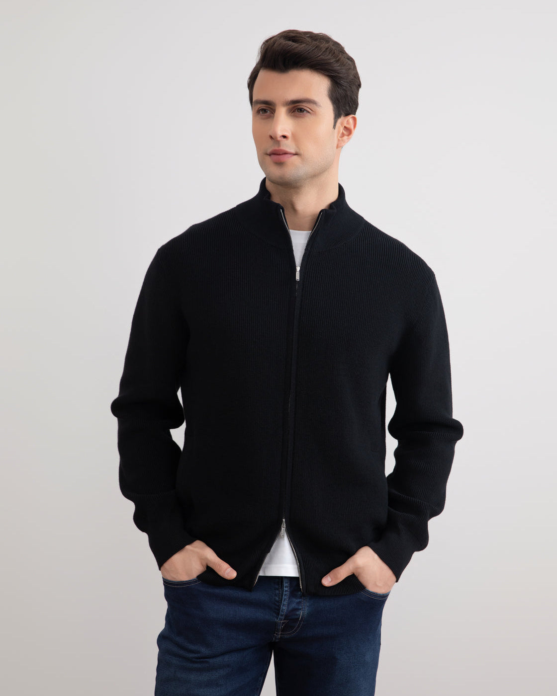 Cardigan noir à côte anglaise pleine fermeture