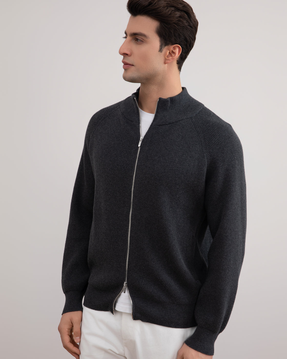Gris foncé Mélange English Rib Full Zip Cardigan
