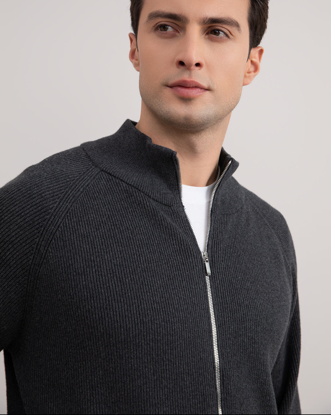 Gris foncé Mélange English Rib Full Zip Cardigan