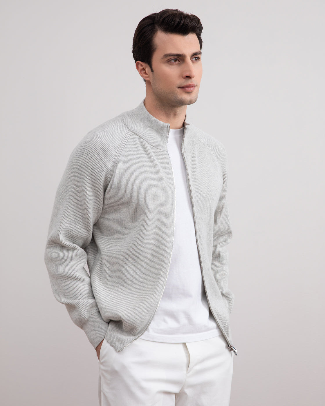 Cardigan zippé en côtes anglaises mélangées gris