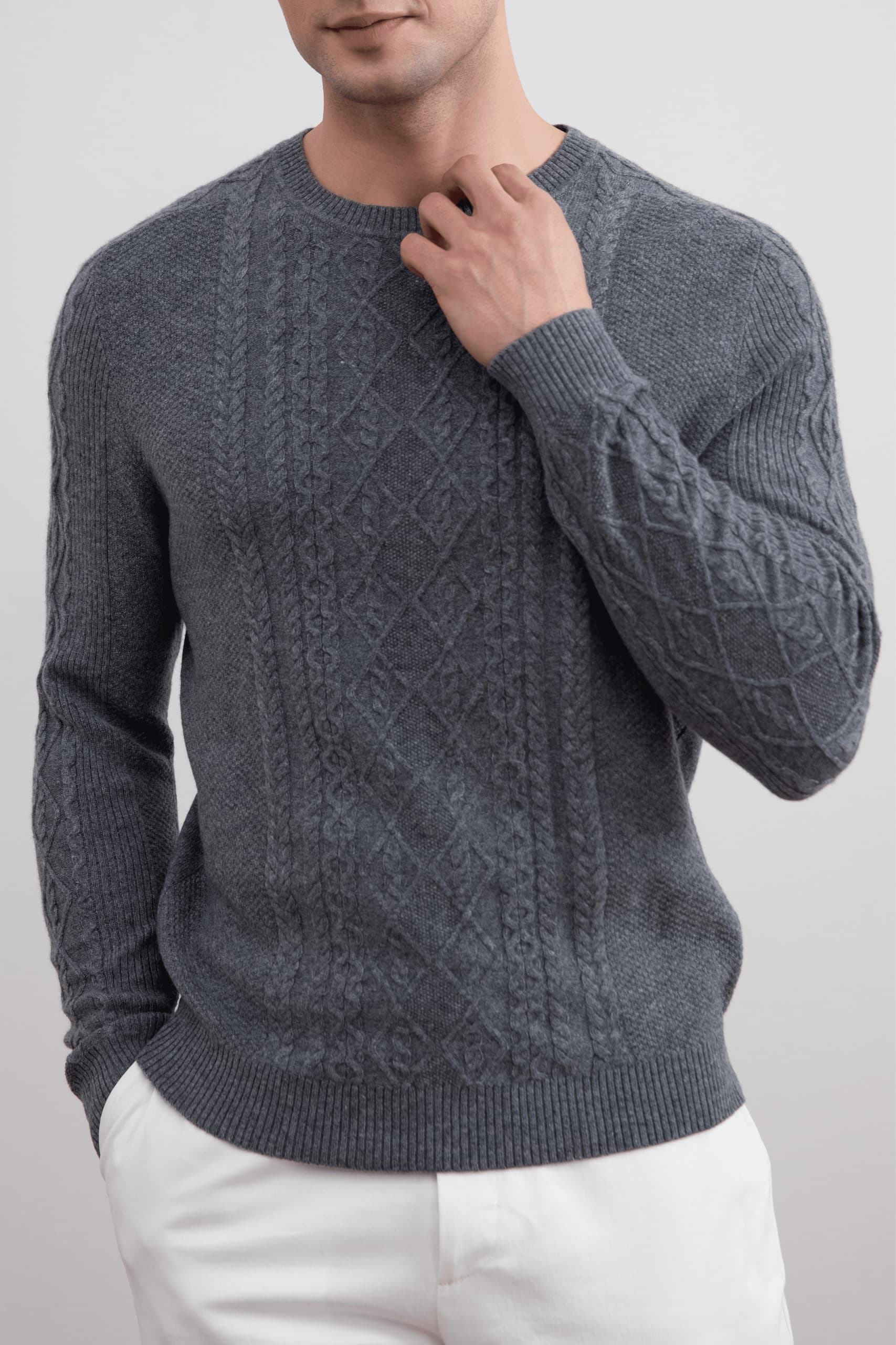 Gris foncé Mélange Cashmere Cable Knit Crewneck