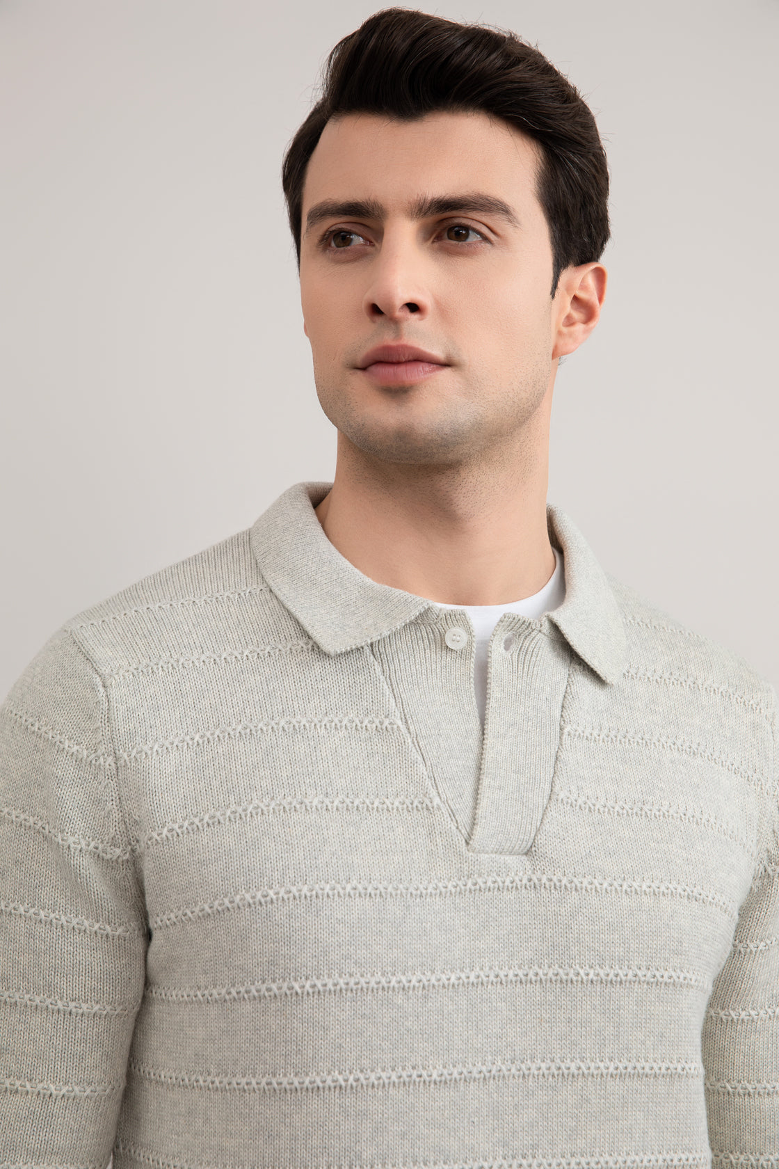 Sweater Polo Polo Terbuka Bertekstur Rajutan Mélange Abu-abu