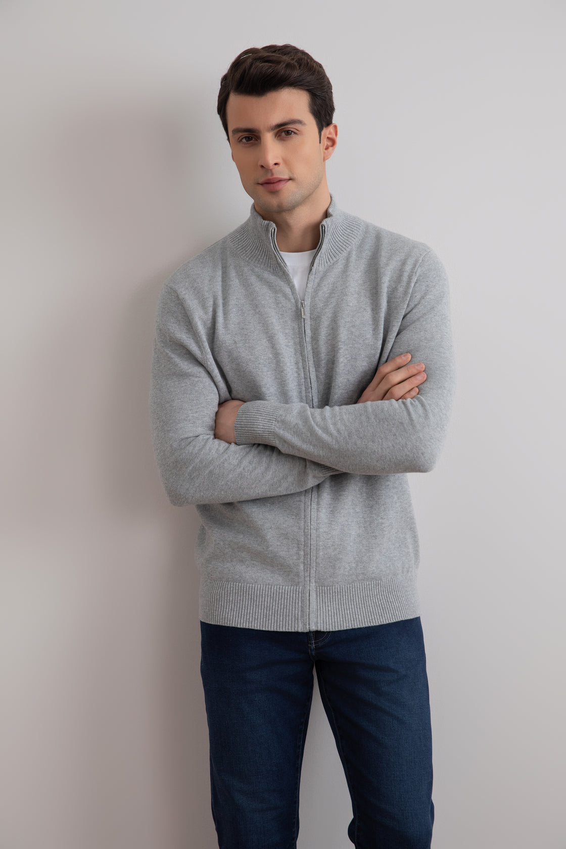 Cardigan classico con zip grigio mélange