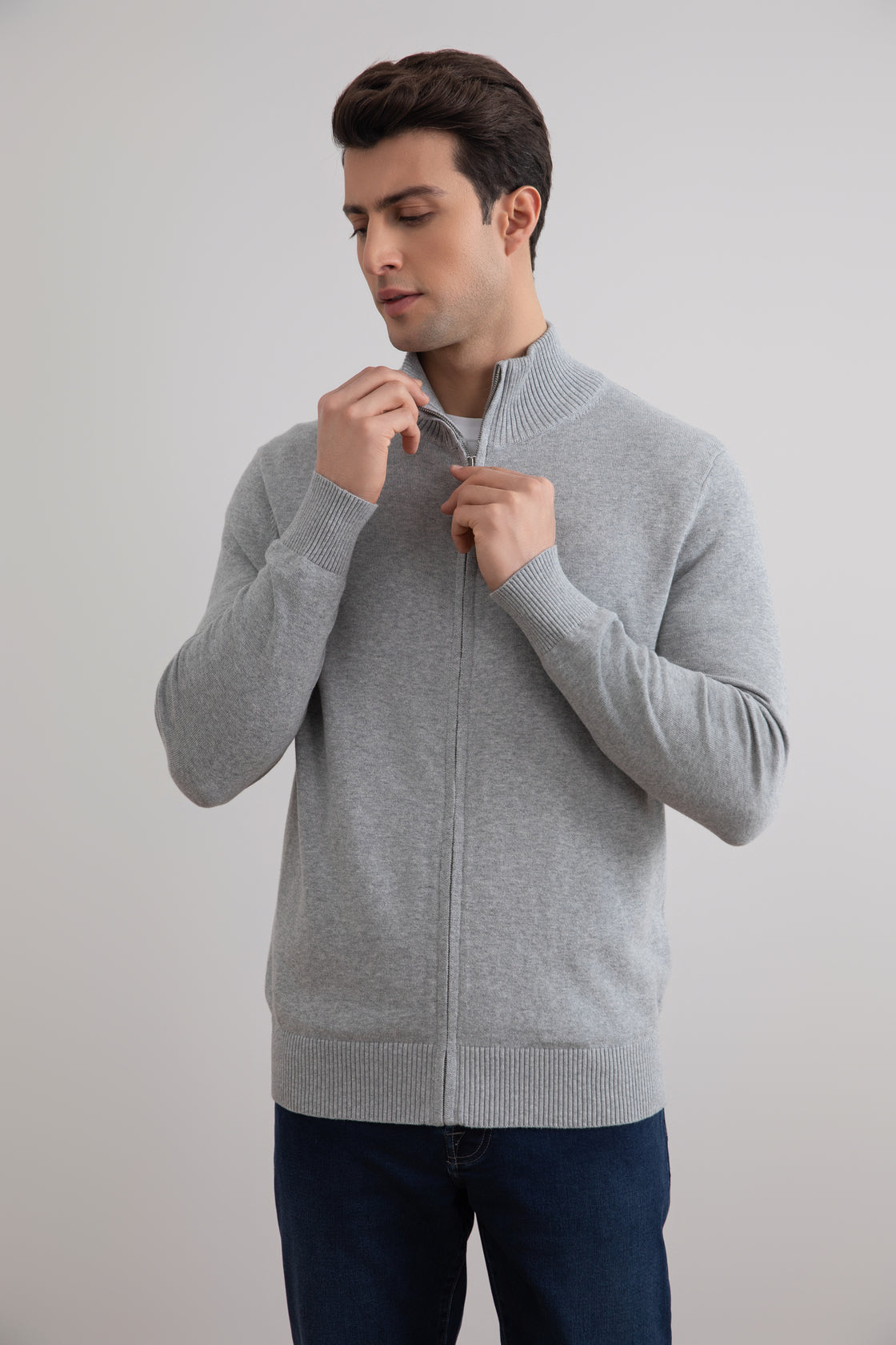 Cardigan classico con zip grigio mélange