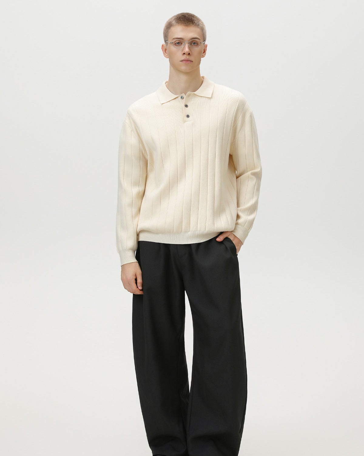 Maglione polo a maniche lunghe in maglia a coste