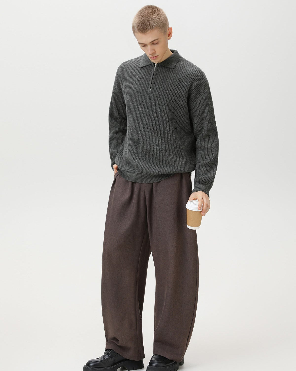 Maglione polo a mezza zip a coste