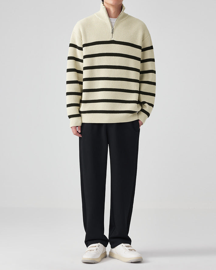 Momeike Striped Strikket genser med halv glidelås