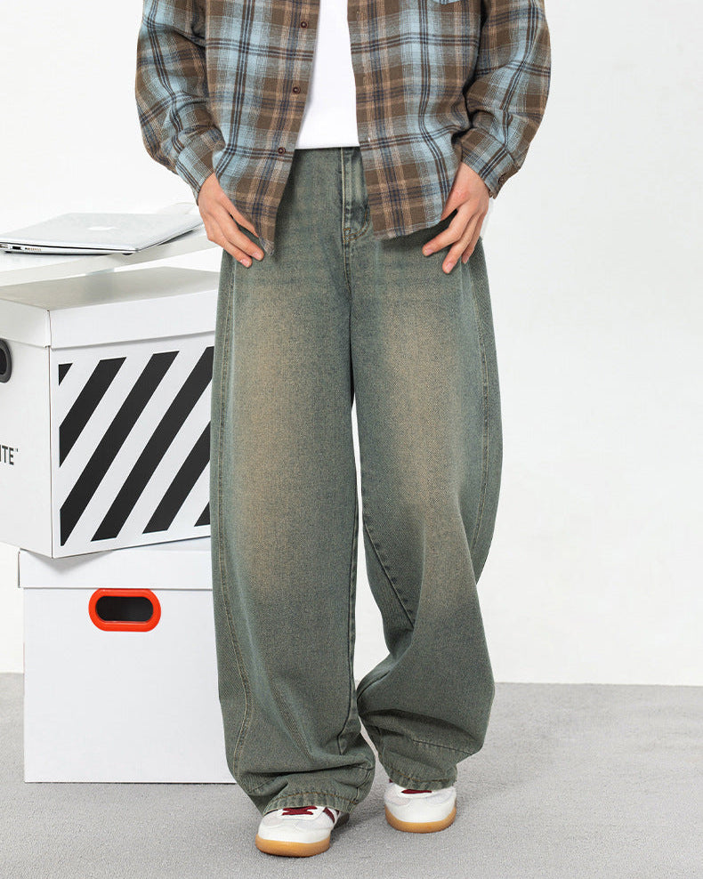 Retro rutete lappeteppejeans med vasket mønster