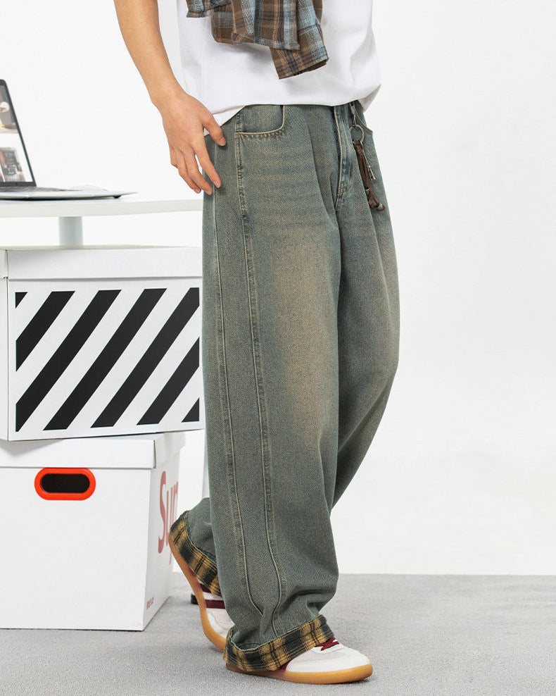Retro rutete lappeteppejeans med vasket mønster