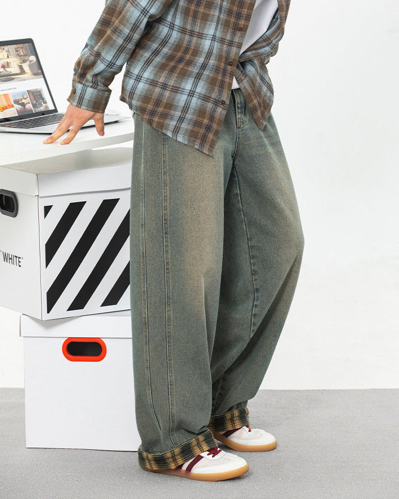 Retro rutete lappeteppejeans med vasket mønster