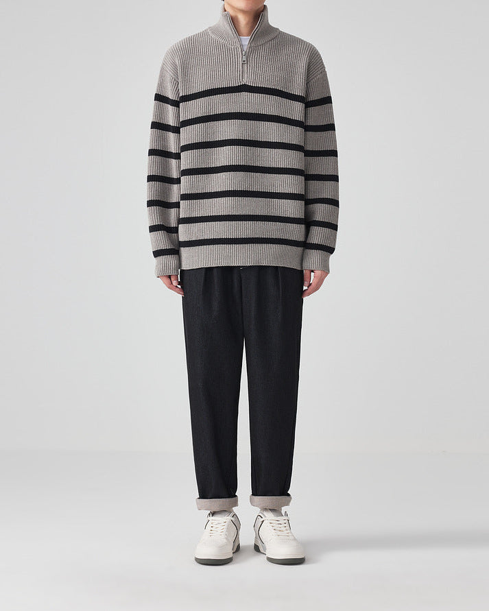 Momeike Striped Strikket genser med halv glidelås