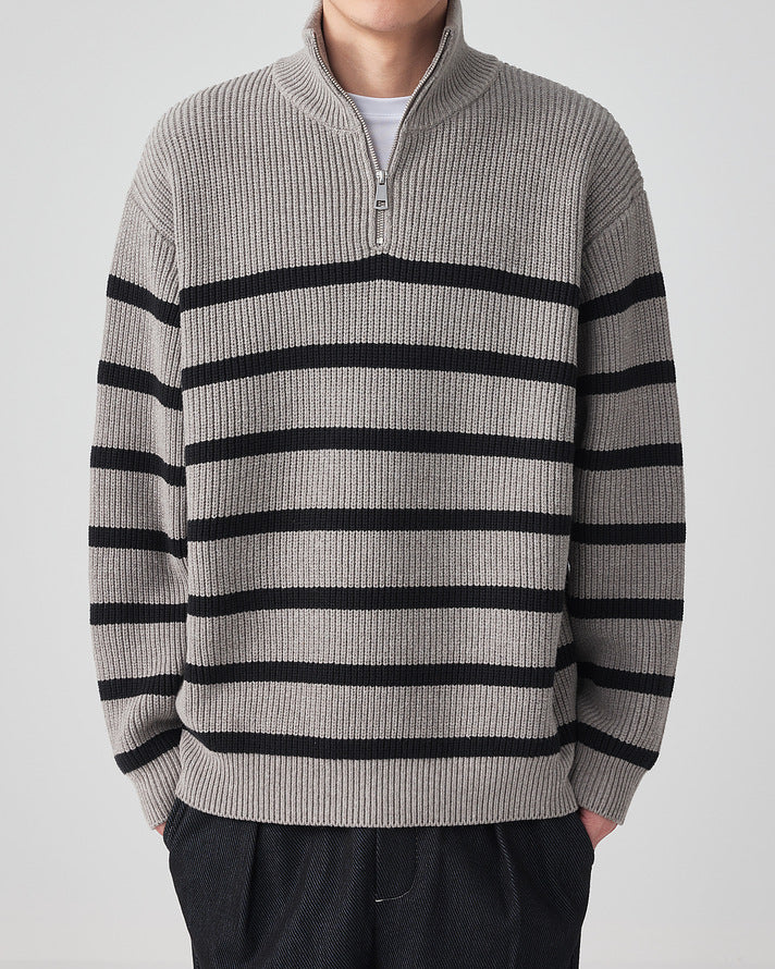 Momeike Striped Strikket genser med halv glidelås