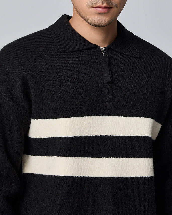 The Porter Semi-Open Contrast Gestreepte Kap Knit Sweater