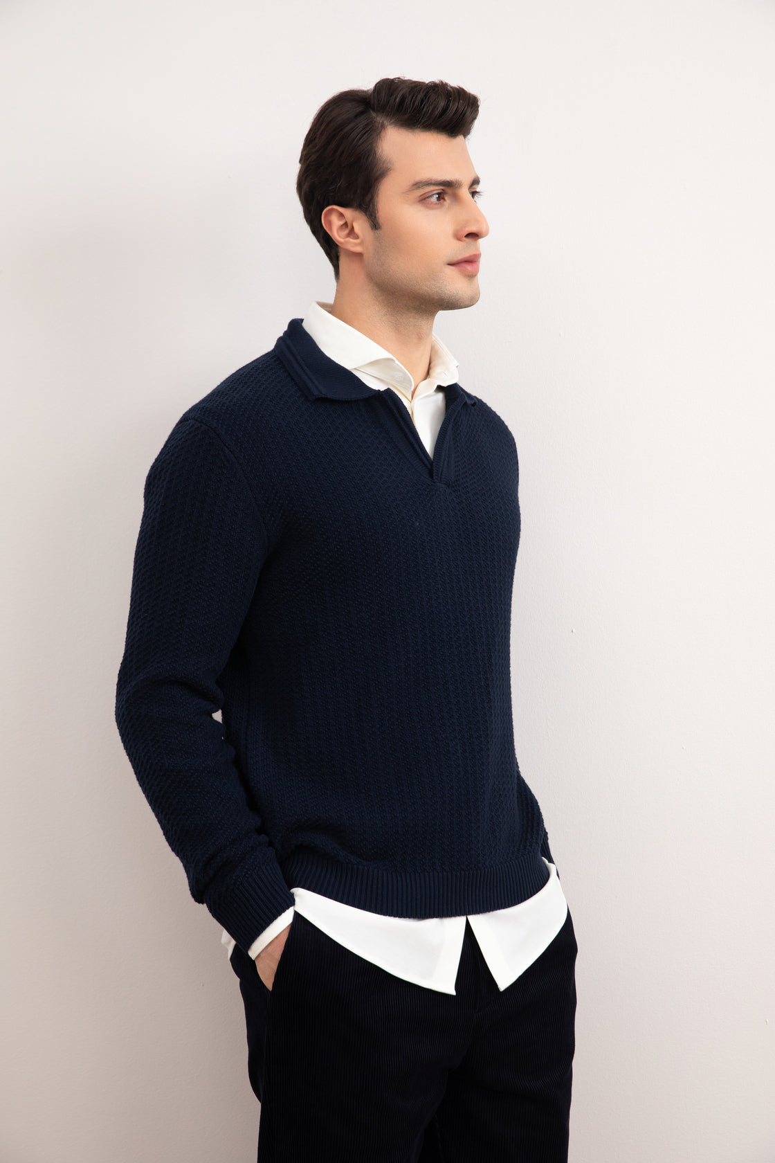 Navy open polotrui met structuur