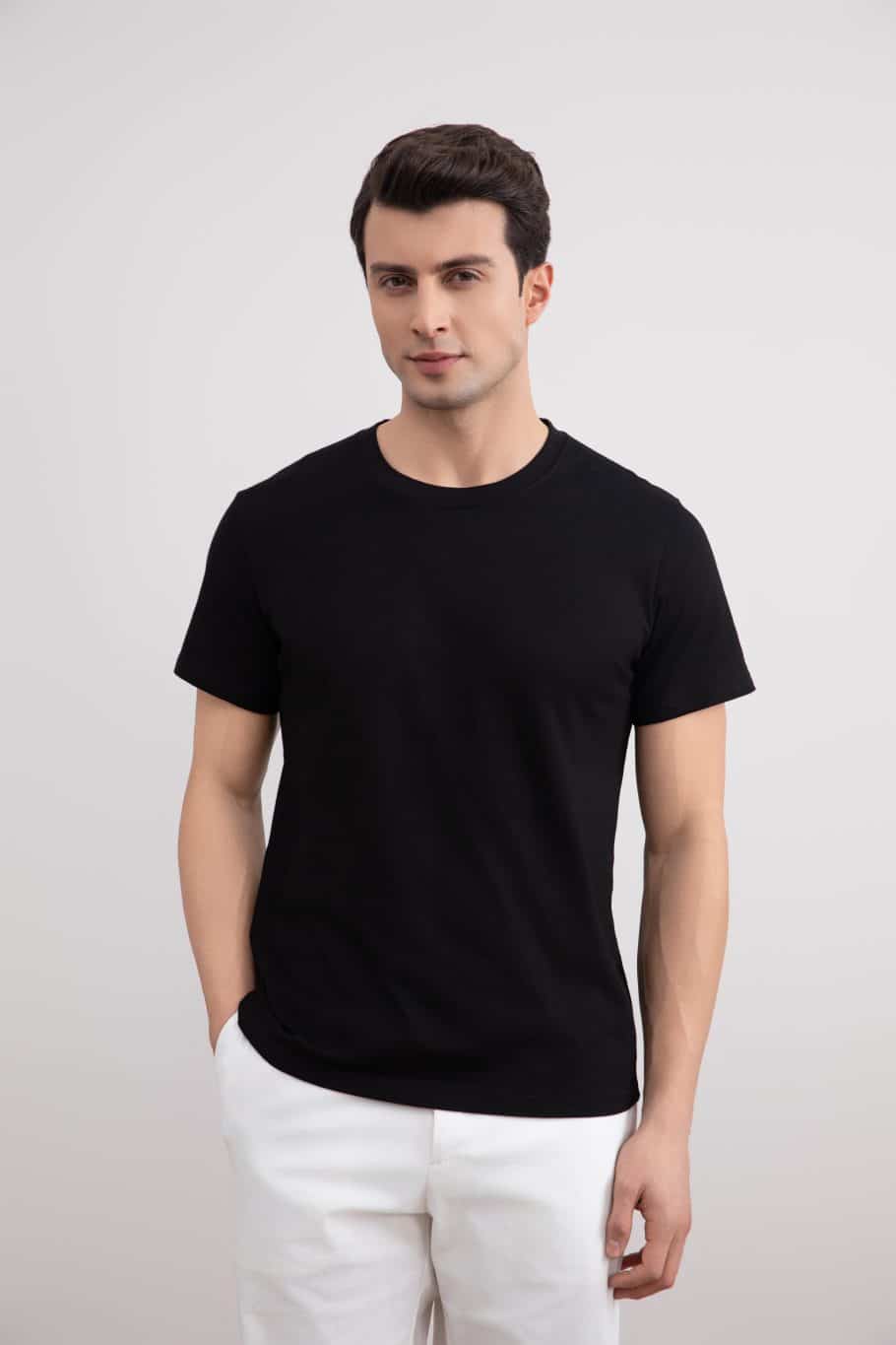 Zwart Slim fit T-shirt met ronde hals