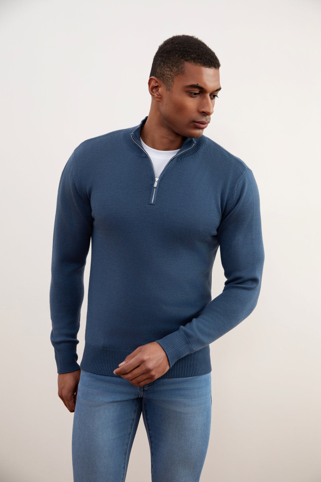Suéter azul de lã merino Half-Zip