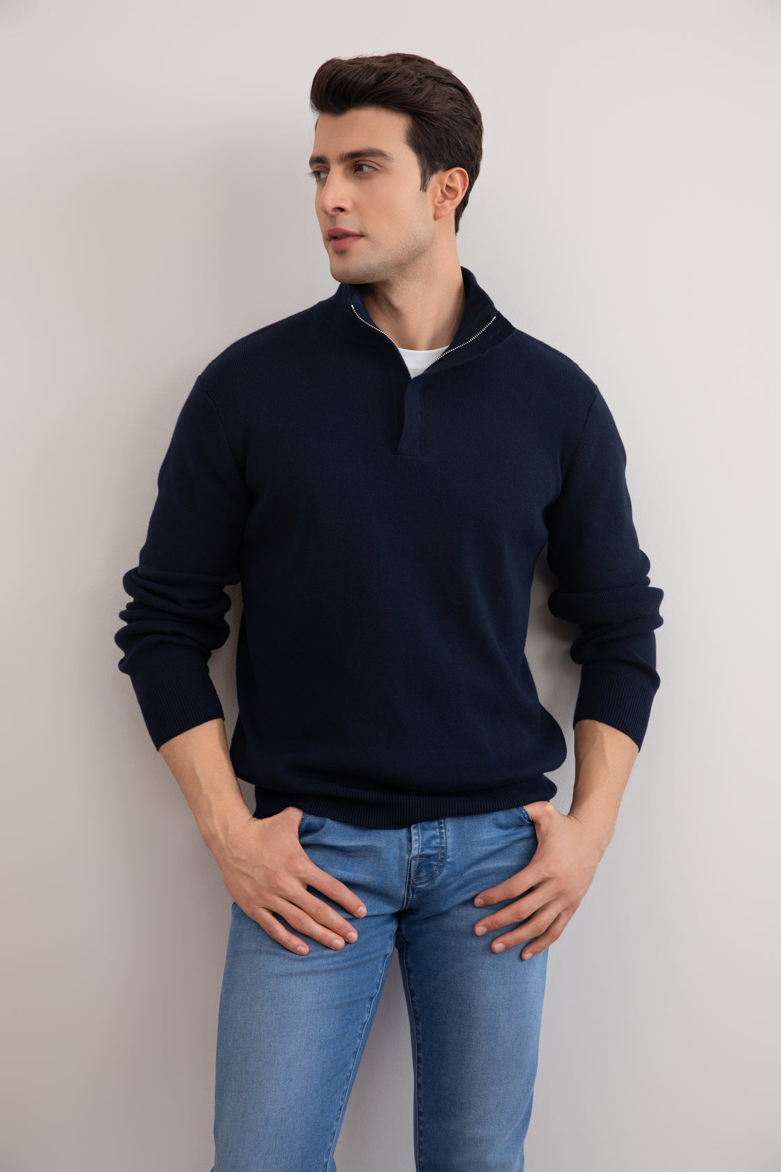Suéter de gola alta Half-Zip íper azul-marinho