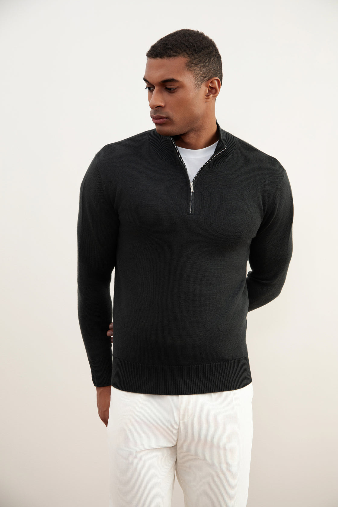 Suéter de lã merino cinza escuro com Half-Zip