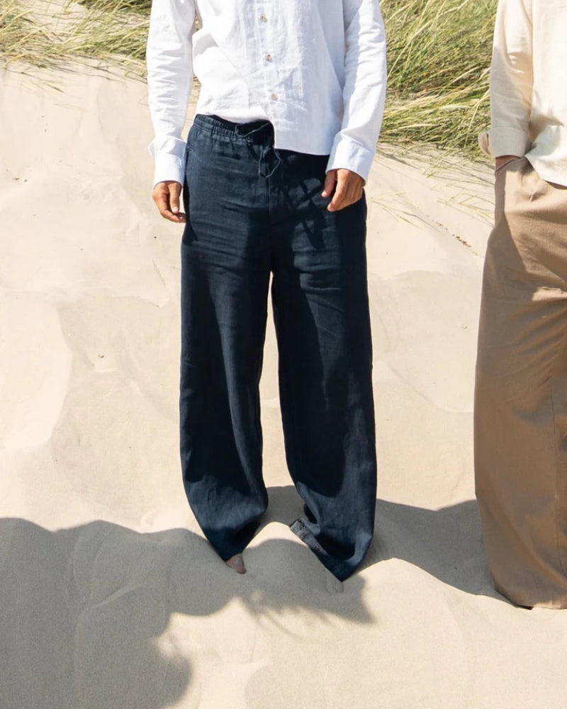 Calça de linho clássica baggy azul-marinho