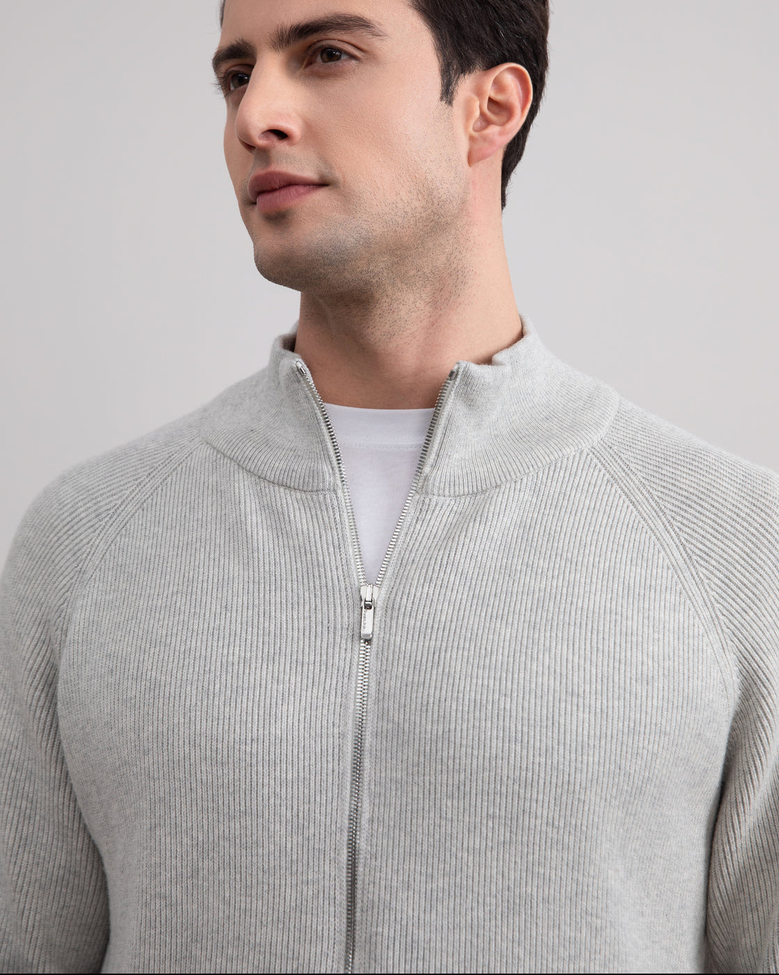 Grå Mélange English Rib Cardigan med hel dragkedja