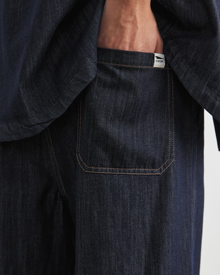 Relaxed Fit Dark Indigo Waistbang Denim-byxor med dragsko