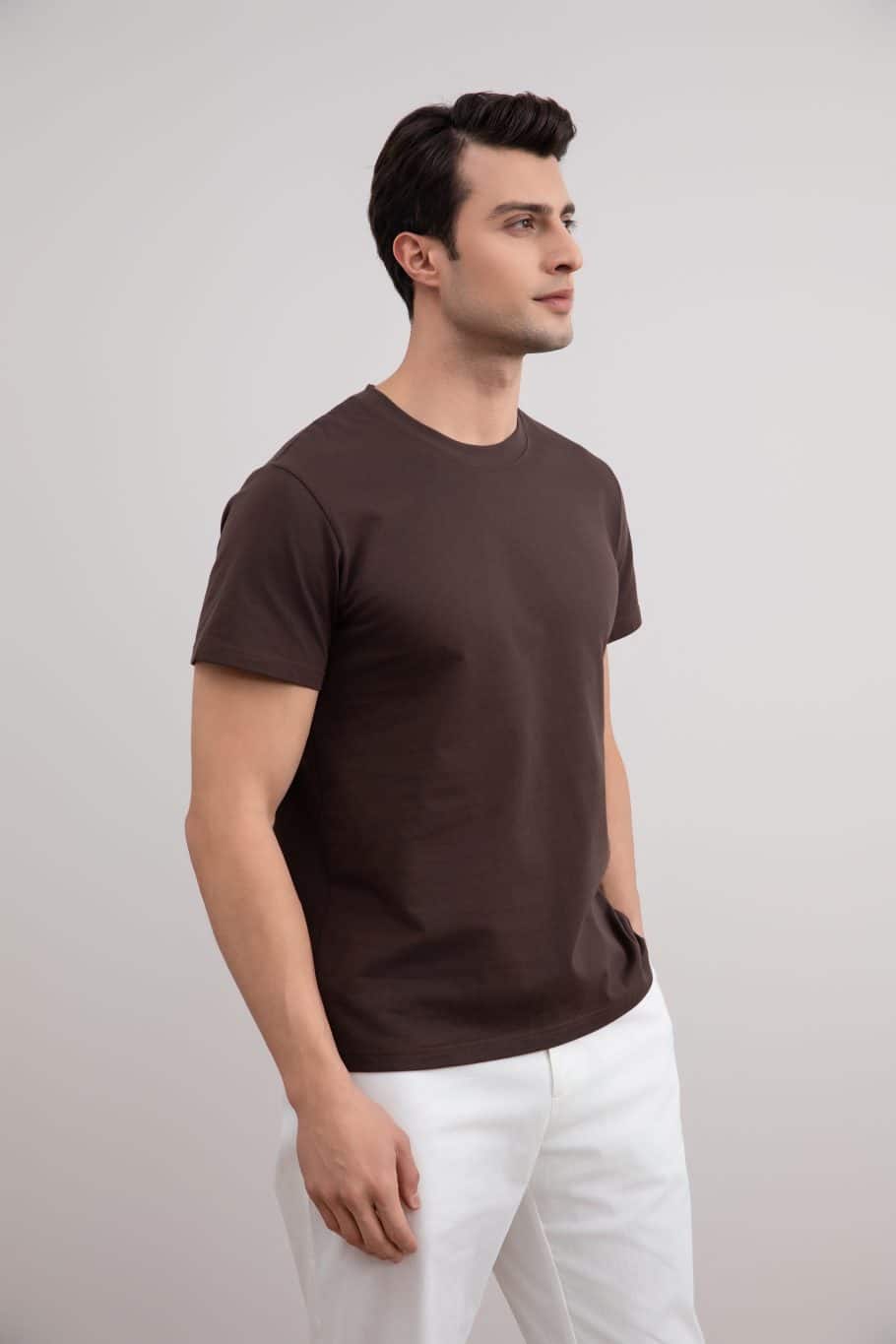 Kahverengi Slim fit Bisiklet yaka Tişört