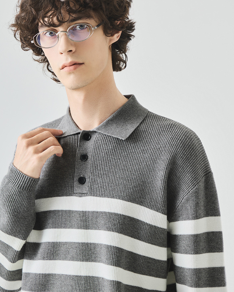 條紋長袖 Polo 襯衫