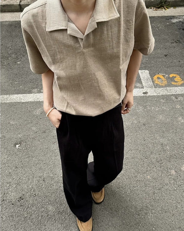 亚麻混纺开襟马球衫